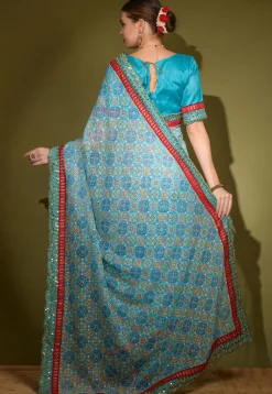 Digital Printed Chiffon Saree in Sky Blue
