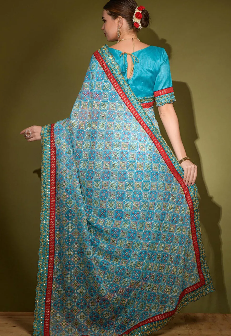 Digital Printed Chiffon Saree in Sky Blue
