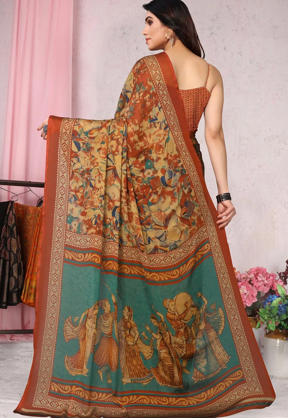 Digital Printed Chiffon Saree in Beige