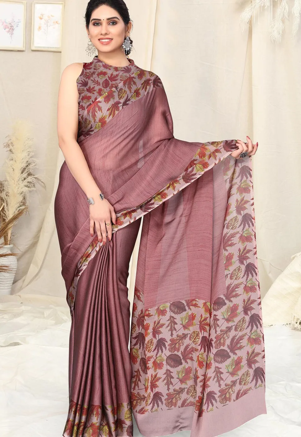Digital Printed Chiffon Saree in Dusty Pink