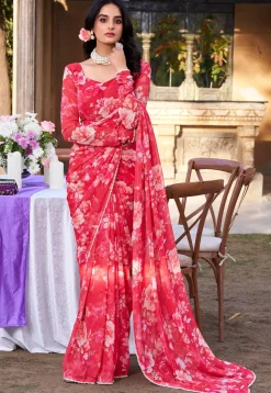 Digital Printed Chiffon Saree in Red