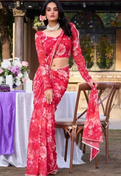 Digital Printed Chiffon Saree in Red