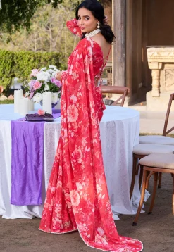 Digital Printed Chiffon Saree in Red