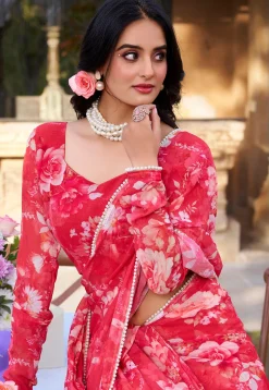 Digital Printed Chiffon Saree in Red