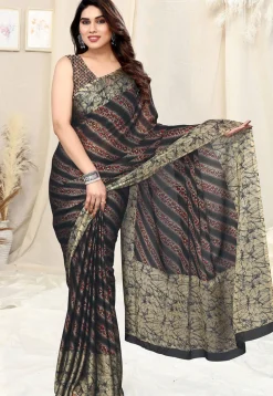 Digital Printed Chiffon Saree in Black