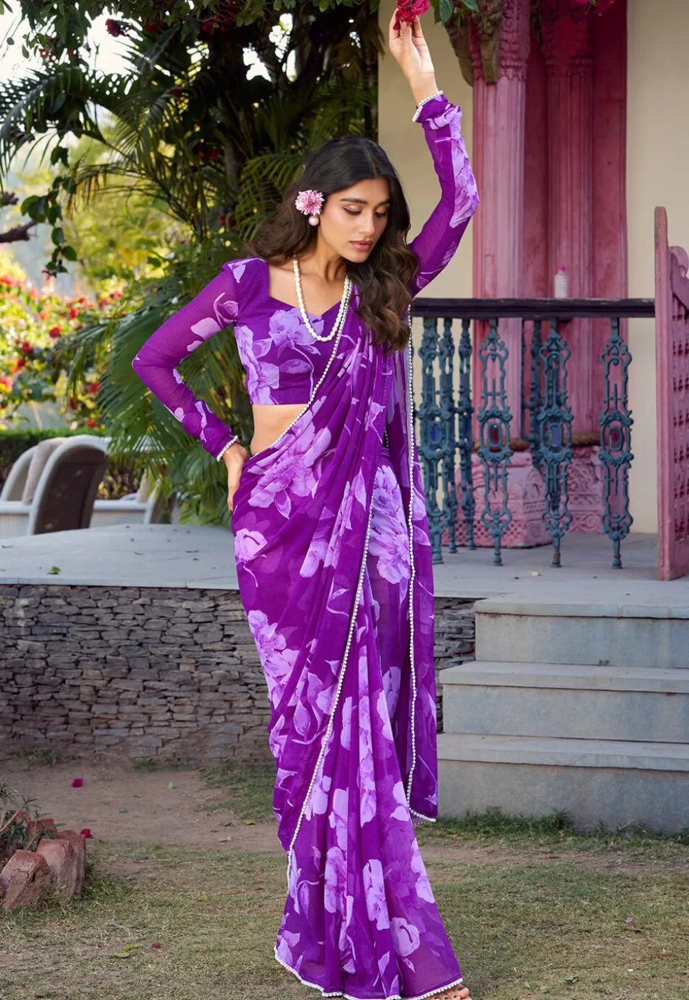 Digital Printed Chiffon Saree in Purple