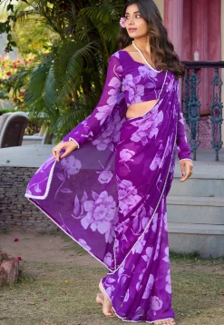Digital Printed Chiffon Saree in Purple