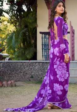 Digital Printed Chiffon Saree in Purple
