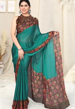Digital Printed Chiffon Saree in Teal