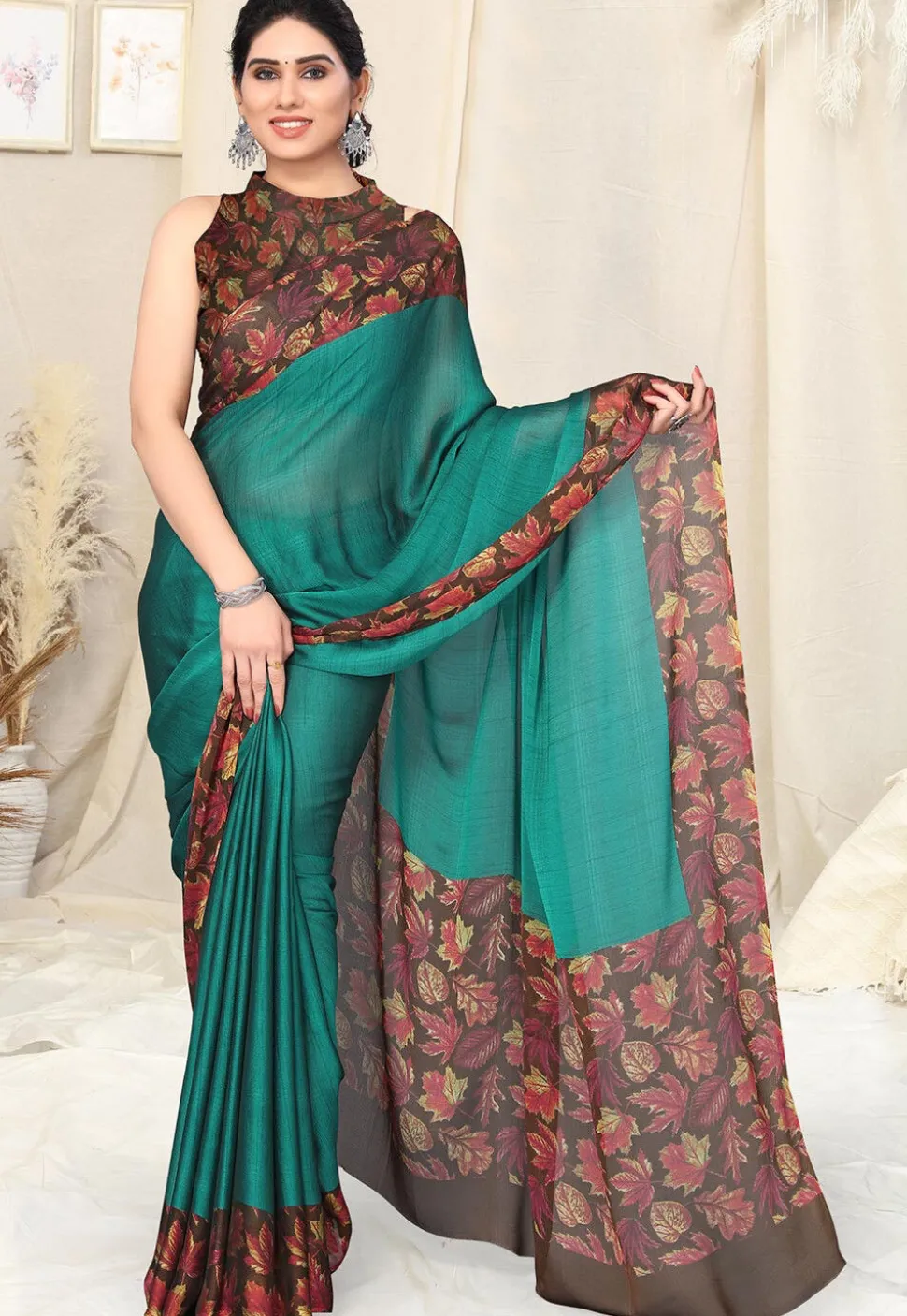 Digital Printed Chiffon Saree in Teal
