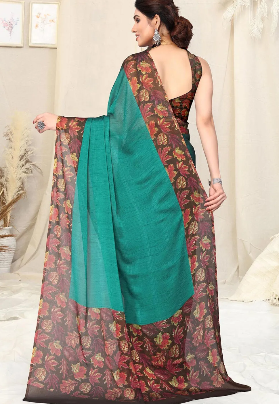 Digital Printed Chiffon Saree in Teal