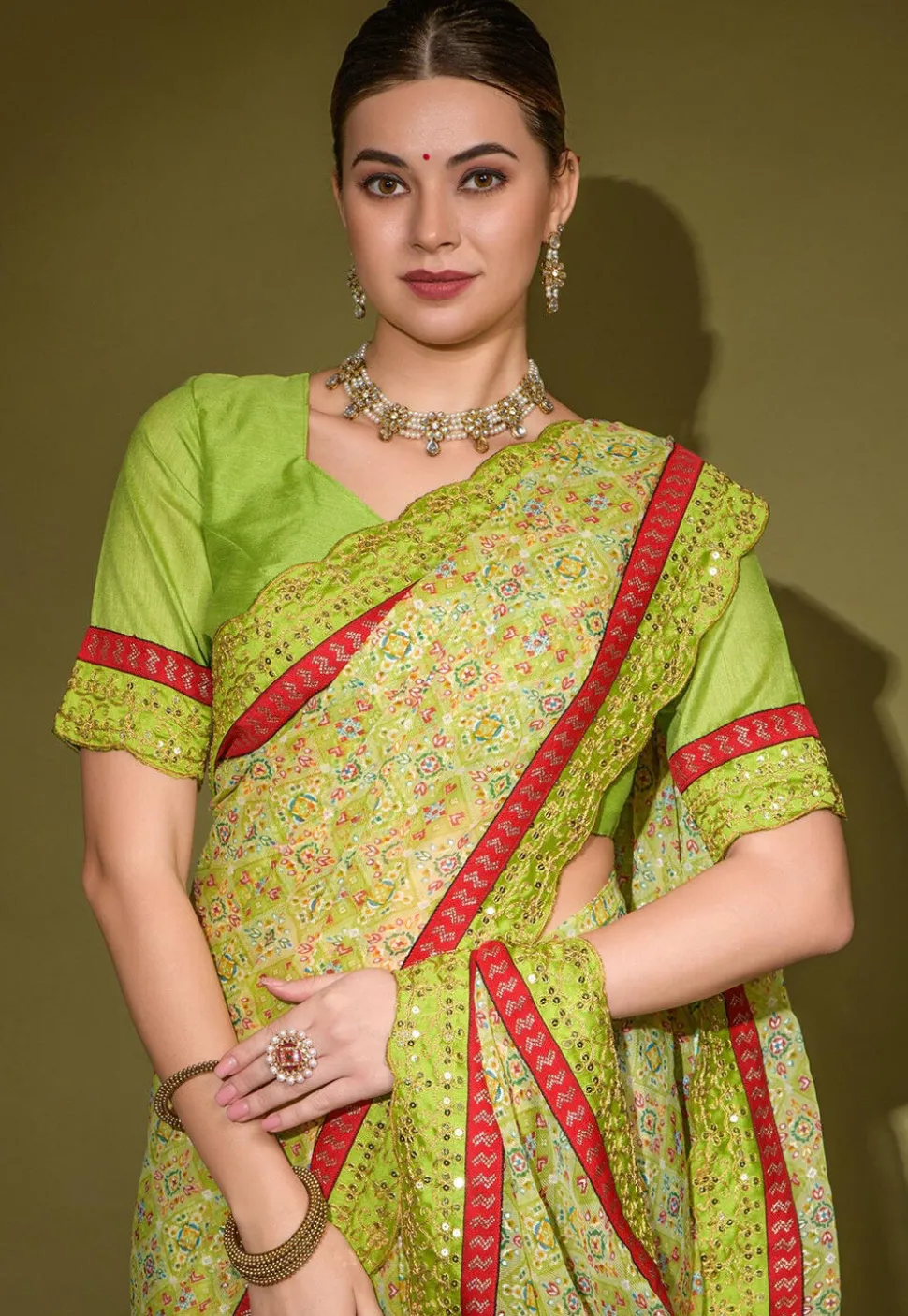 Digital Printed Chiffon Saree in Light Green
