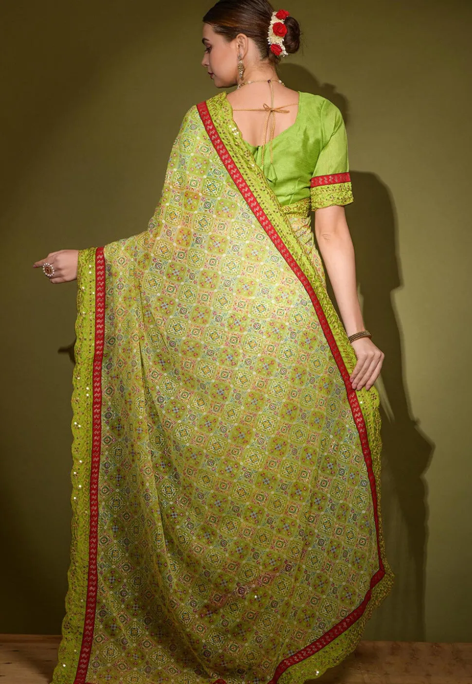 Digital Printed Chiffon Saree in Light Green