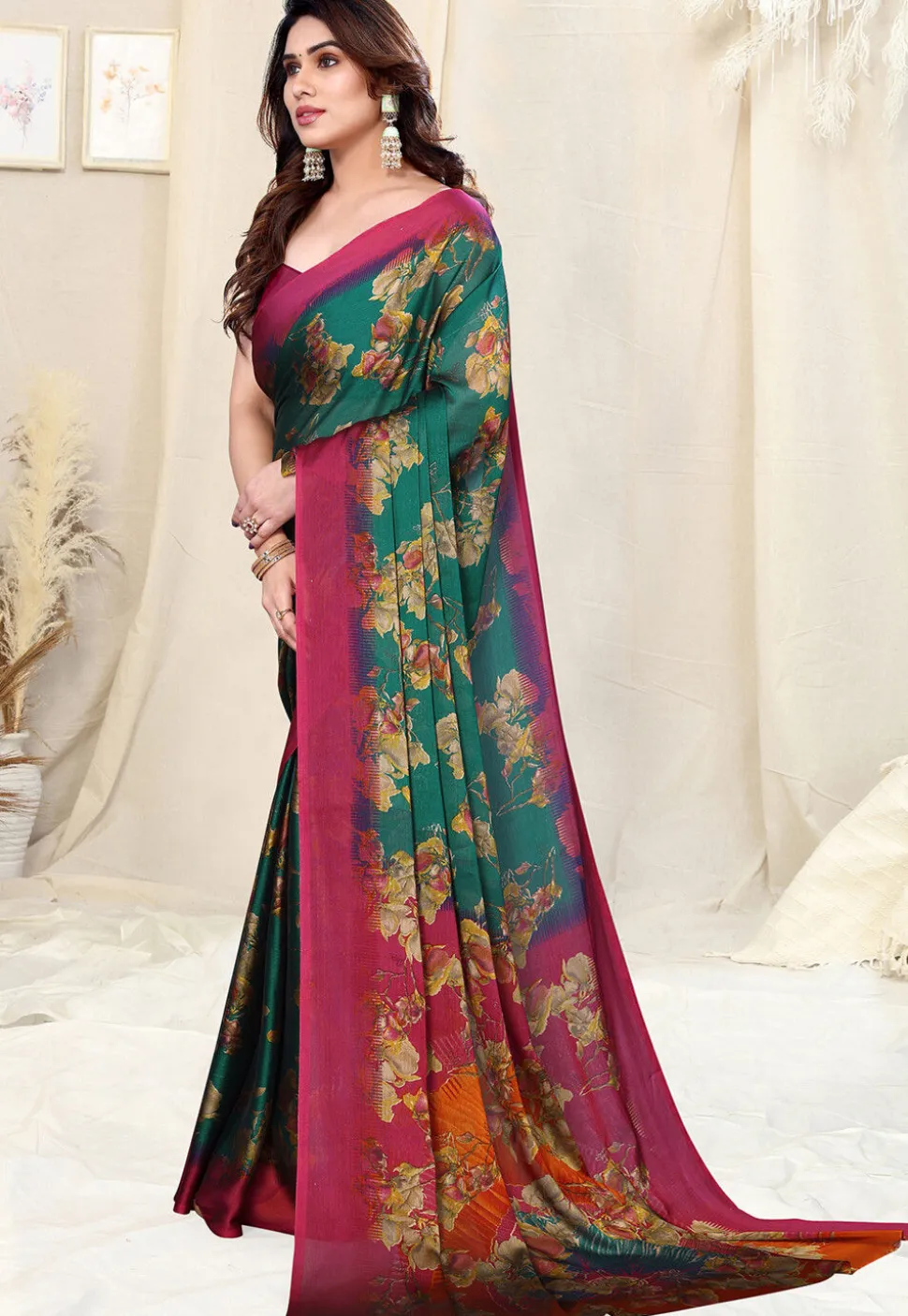 Digital Printed Chiffon Saree in Teal Green