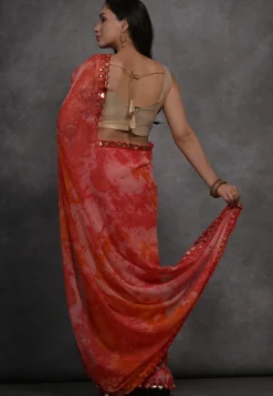 Digital Printed Chiffon Saree in Red