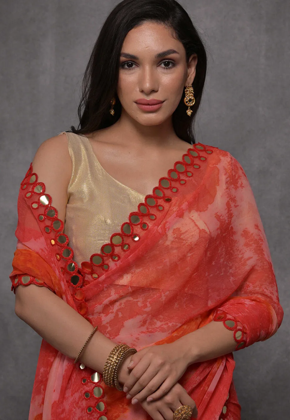 Digital Printed Chiffon Saree in Red