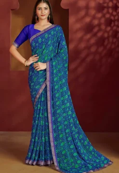 Digital Printed Chiffon Saree in Blue