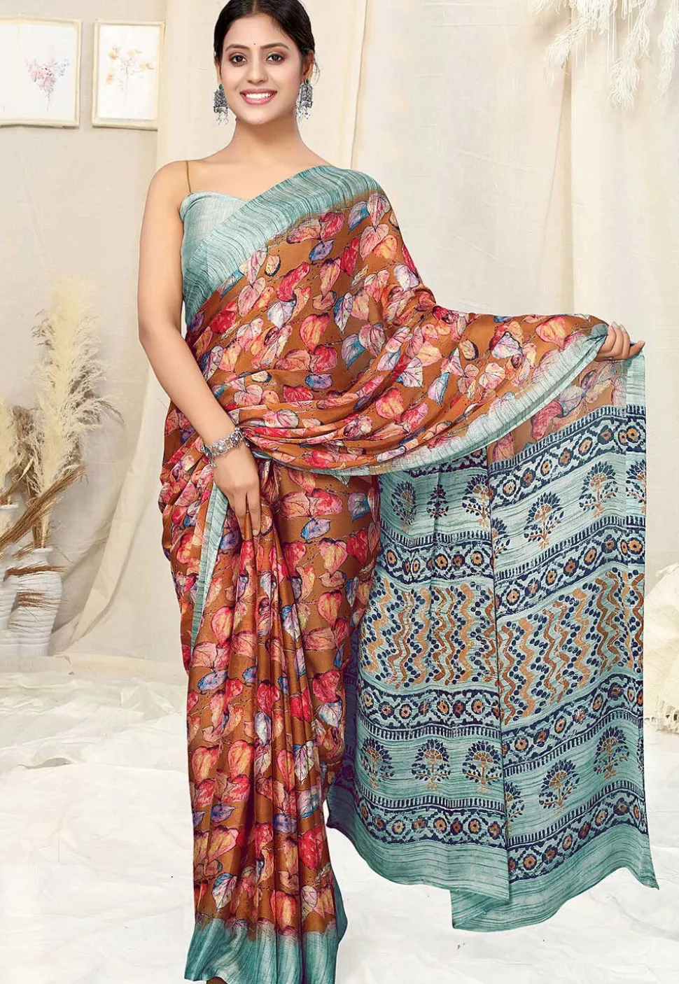 Digital Printed Chiffon Saree in Rust