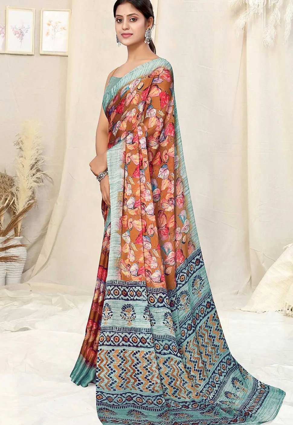 Digital Printed Chiffon Saree in Rust