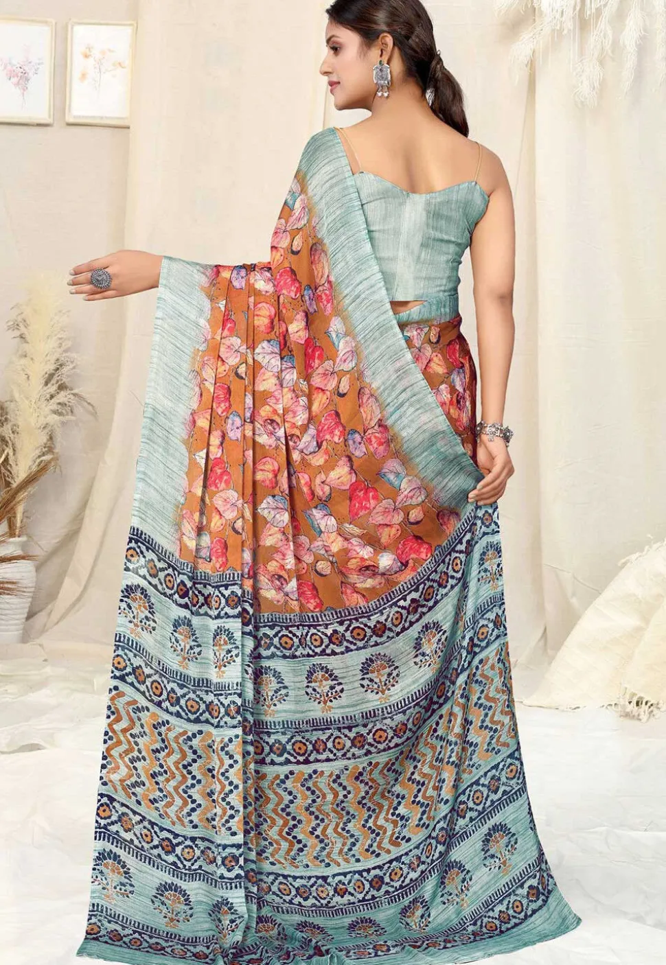 Digital Printed Chiffon Saree in Rust
