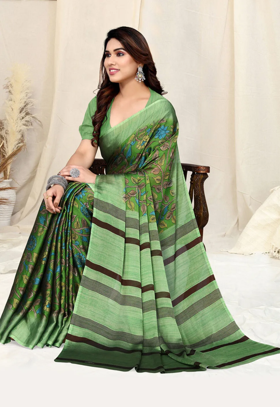 Digital Printed Chiffon Saree in Green