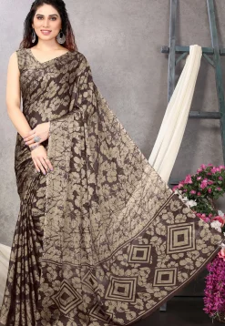 Digital Printed Chiffon Saree in Brown and Beige