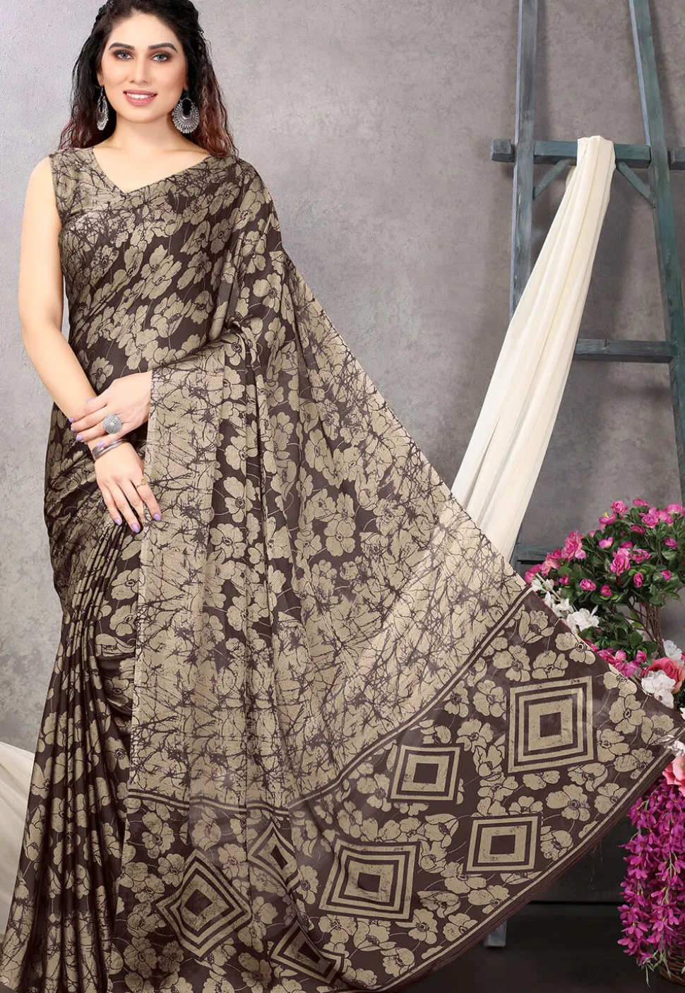 Digital Printed Chiffon Saree in Brown and Beige