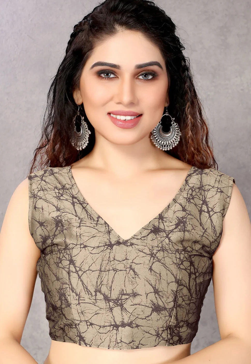 Digital Printed Chiffon Saree in Brown and Beige