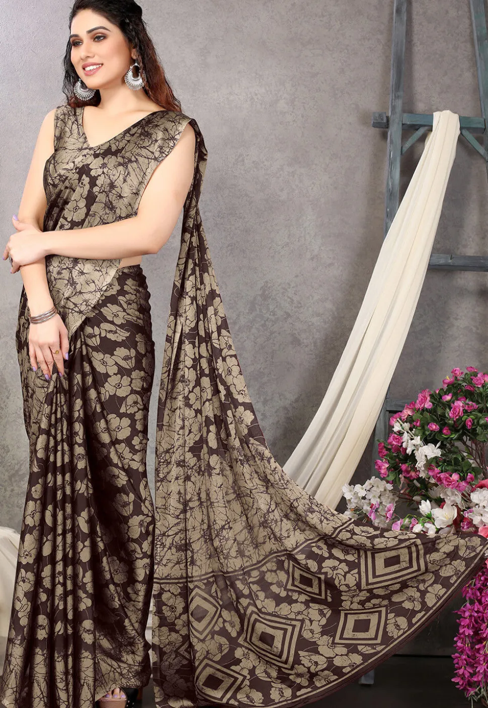 Digital Printed Chiffon Saree in Brown and Beige