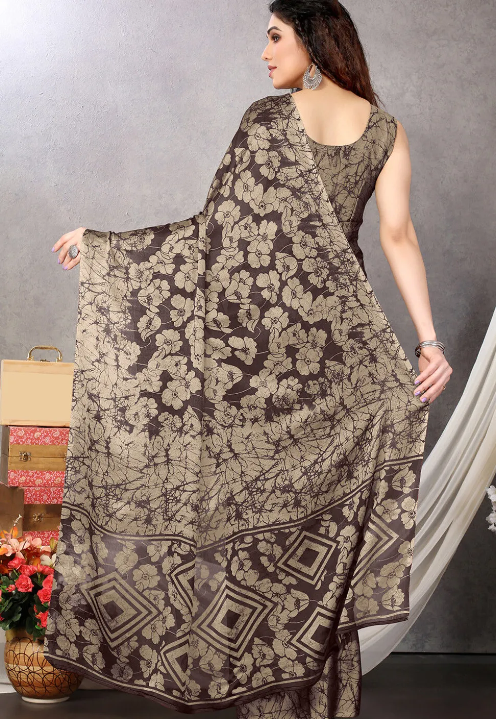 Digital Printed Chiffon Saree in Brown and Beige