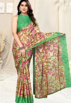 Digital Printed Chiffon Saree in Yellow