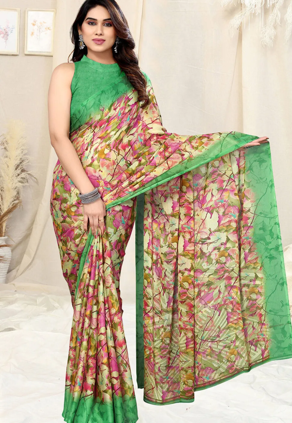 Digital Printed Chiffon Saree in Yellow