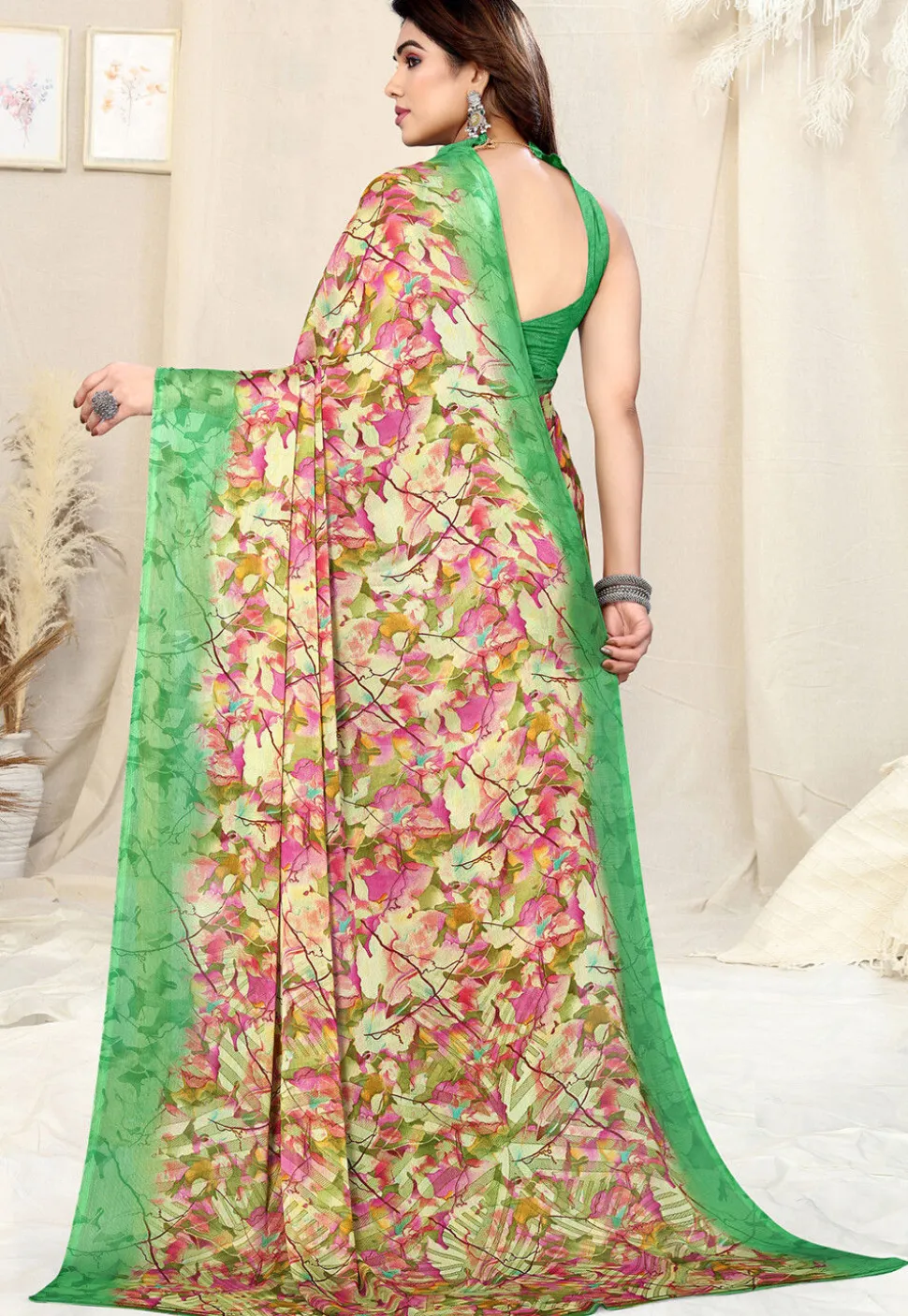 Digital Printed Chiffon Saree in Yellow