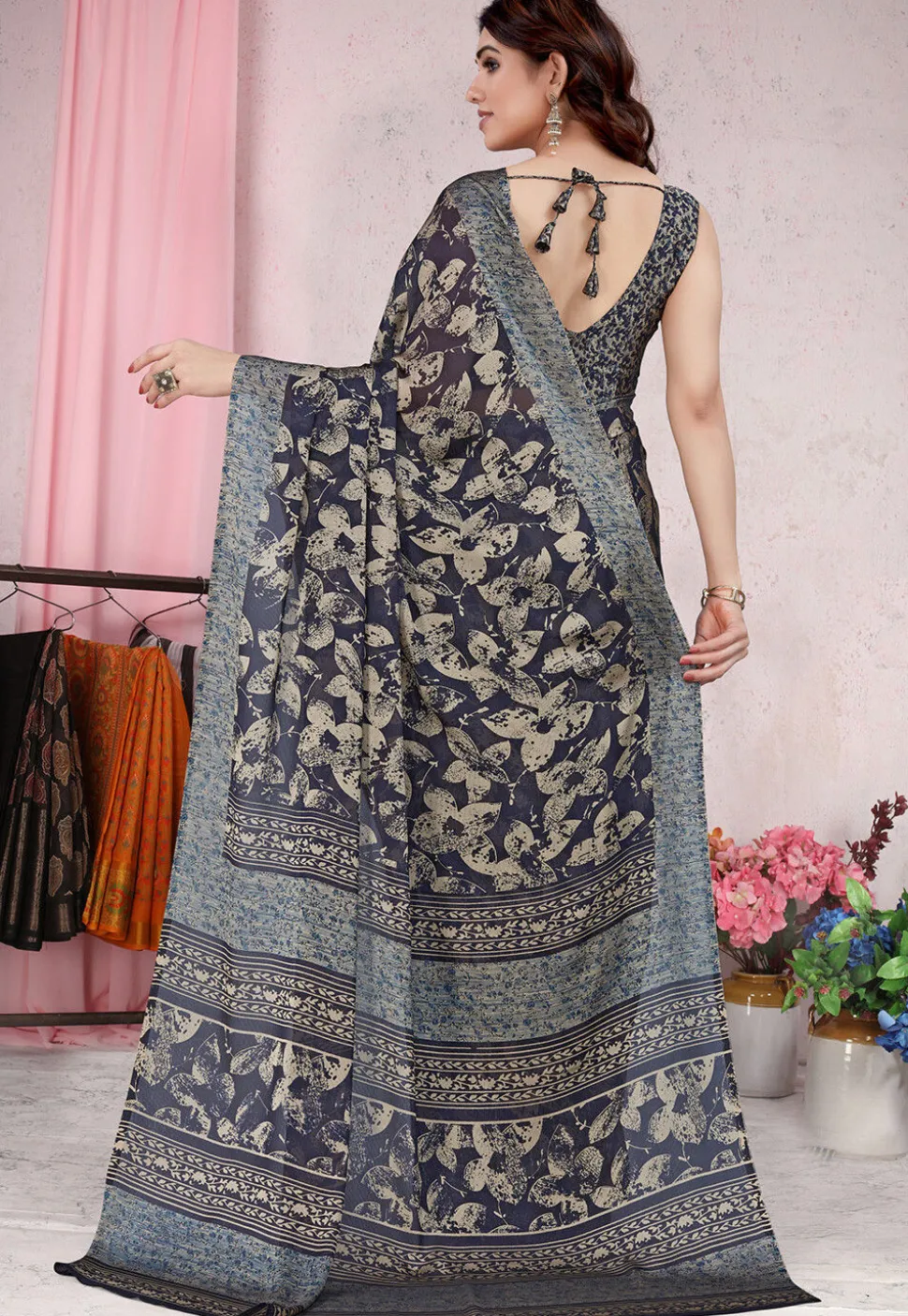 Digital Printed Chiffon Saree in Navy Blue
