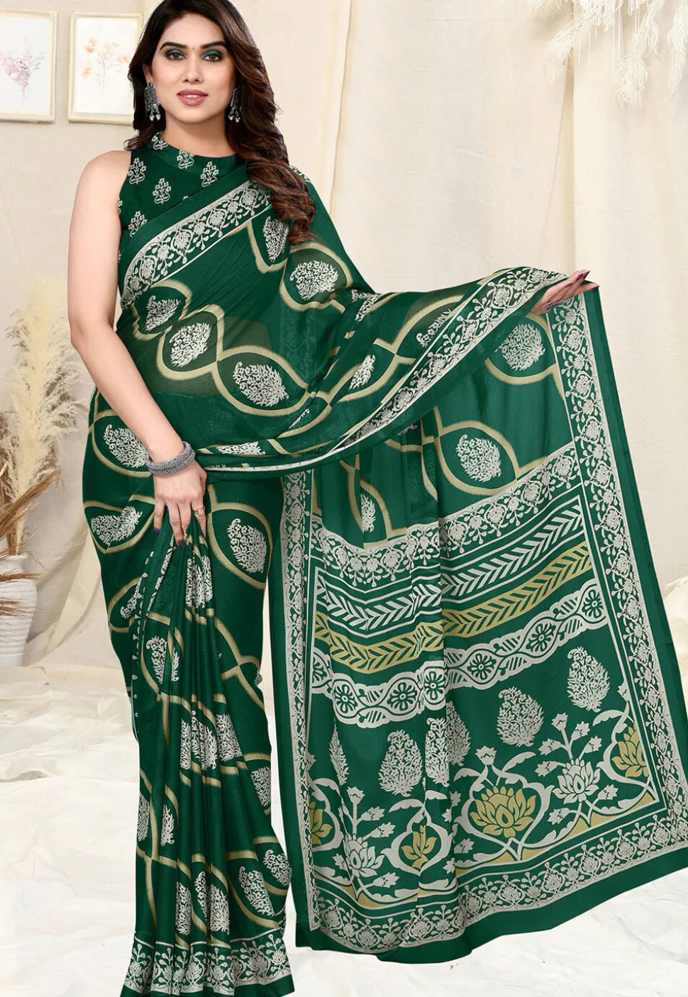 Digital Printed Chiffon Saree in Green