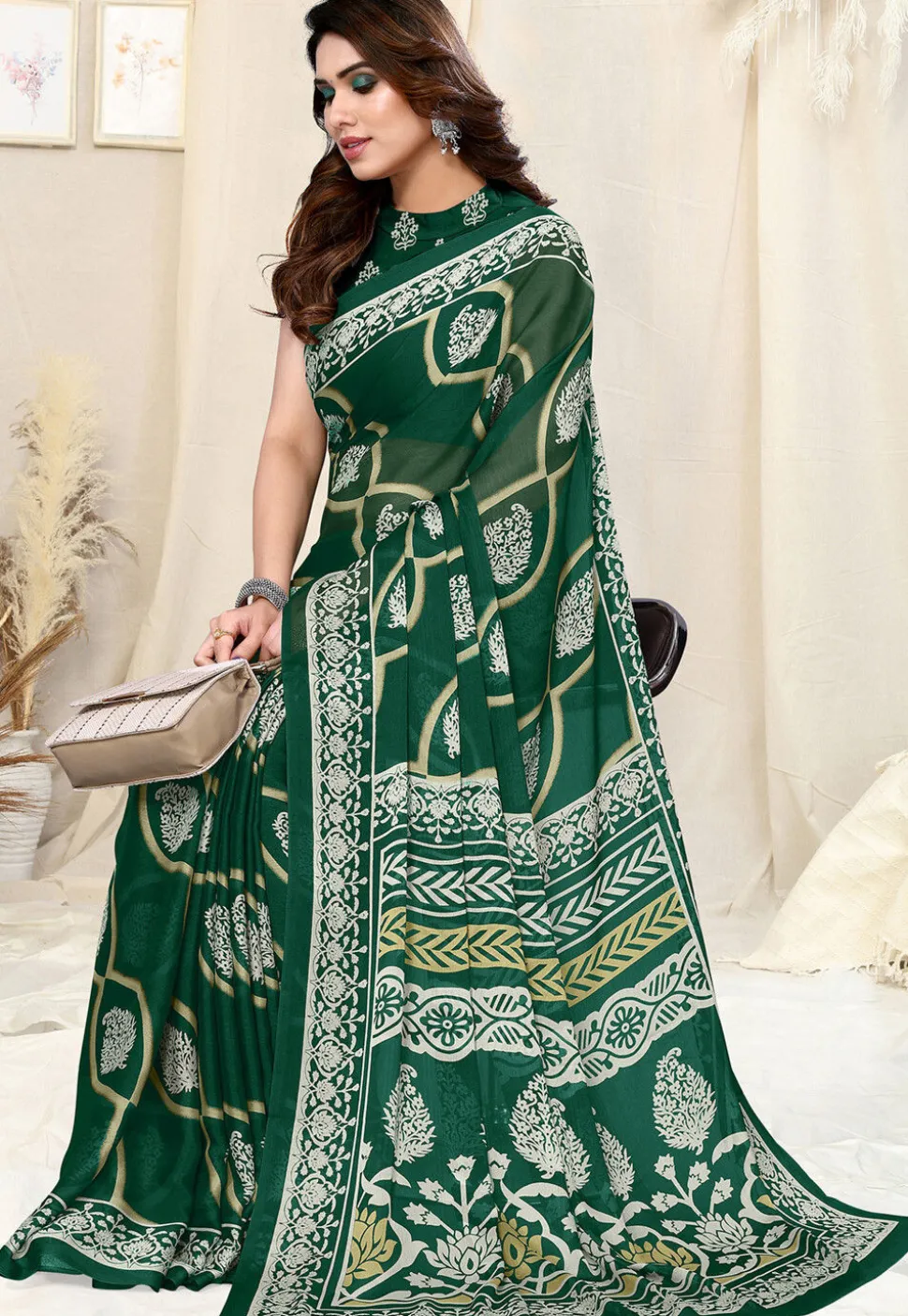 Digital Printed Chiffon Saree in Green