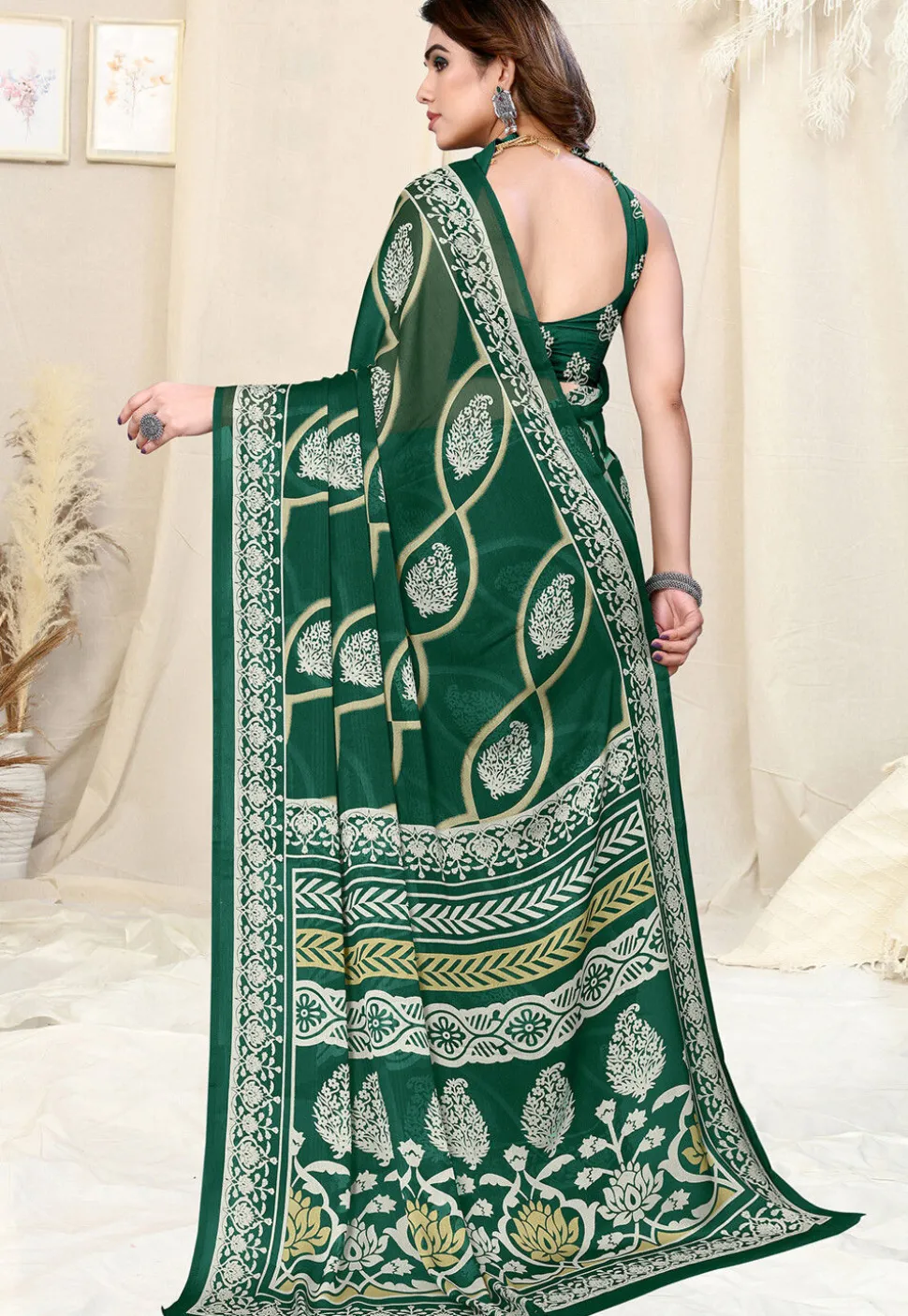 Digital Printed Chiffon Saree in Green