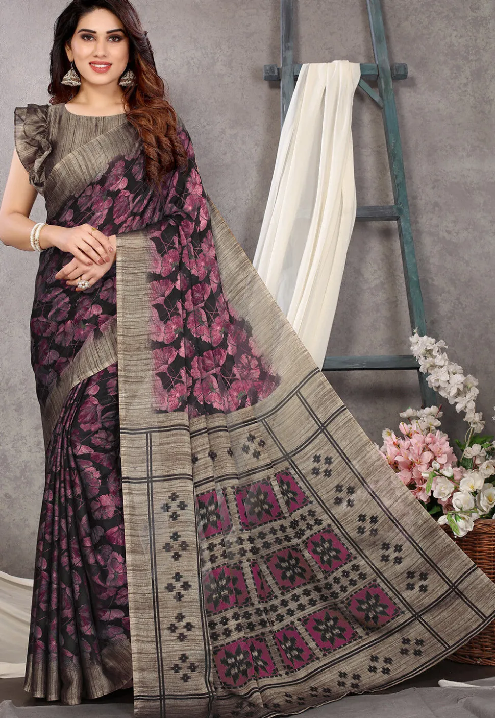 Digital Printed Chiffon Saree in Black