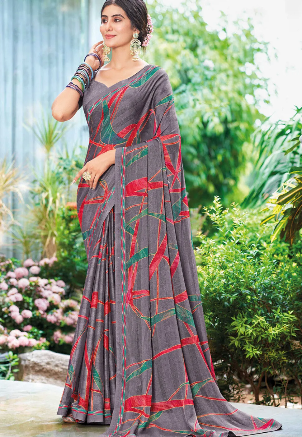 Digital Printed Chiffon Saree in Grey