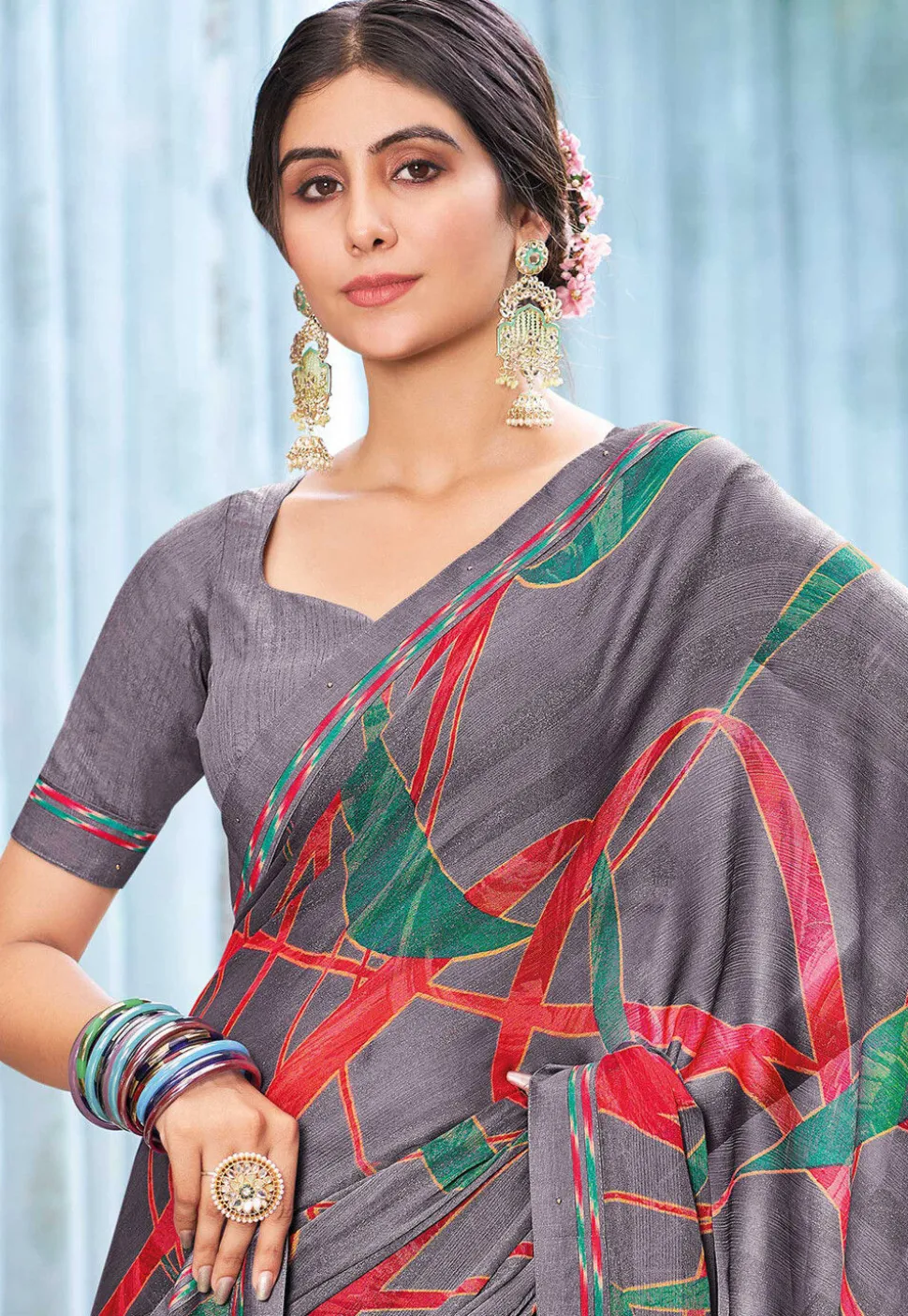 Digital Printed Chiffon Saree in Grey