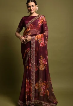 Digital Printed Chiffon Saree in Wine