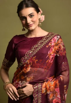 Digital Printed Chiffon Saree in Wine