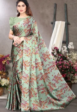 Digital Printed Chiffon Saree in Sea Green