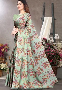 Digital Printed Chiffon Saree in Sea Green