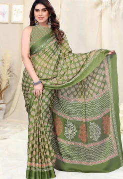 Digital Printed Chiffon Saree in Olive Green