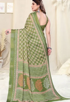 Digital Printed Chiffon Saree in Olive Green
