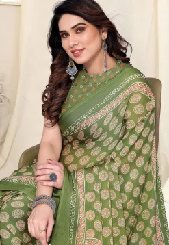 Digital Printed Chiffon Saree in Olive Green
