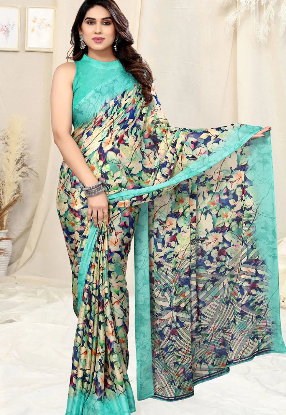 Digital Printed Chiffon Saree in Beige