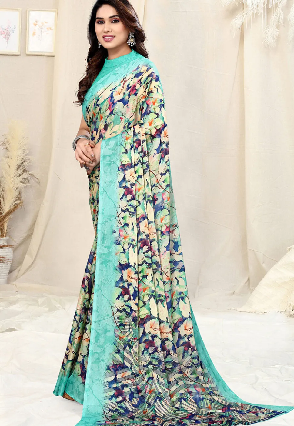 Digital Printed Chiffon Saree in Beige