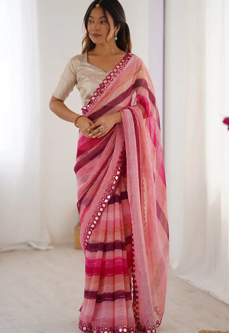 Digital Printed Chiffon Saree in Pink